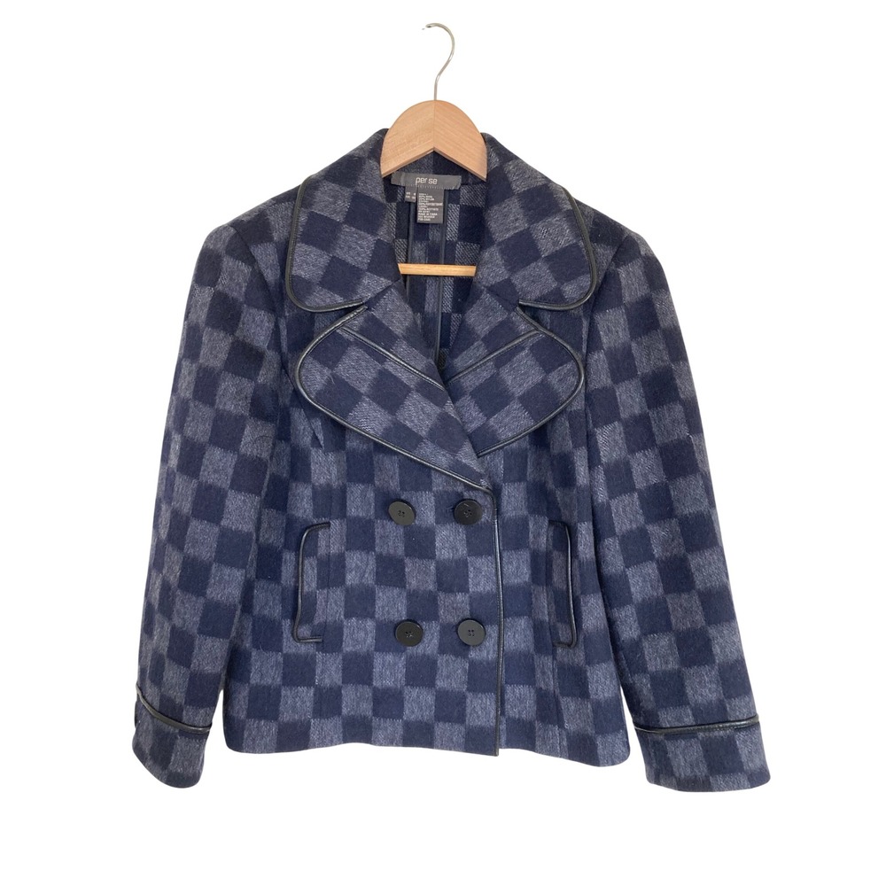 Per Se Womens Navy Grey Checkered Wool Blend Double Breasted Pea Coat Size 8